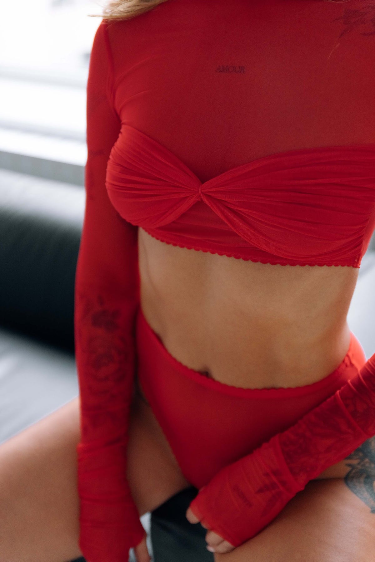 "Lush" red mesh top