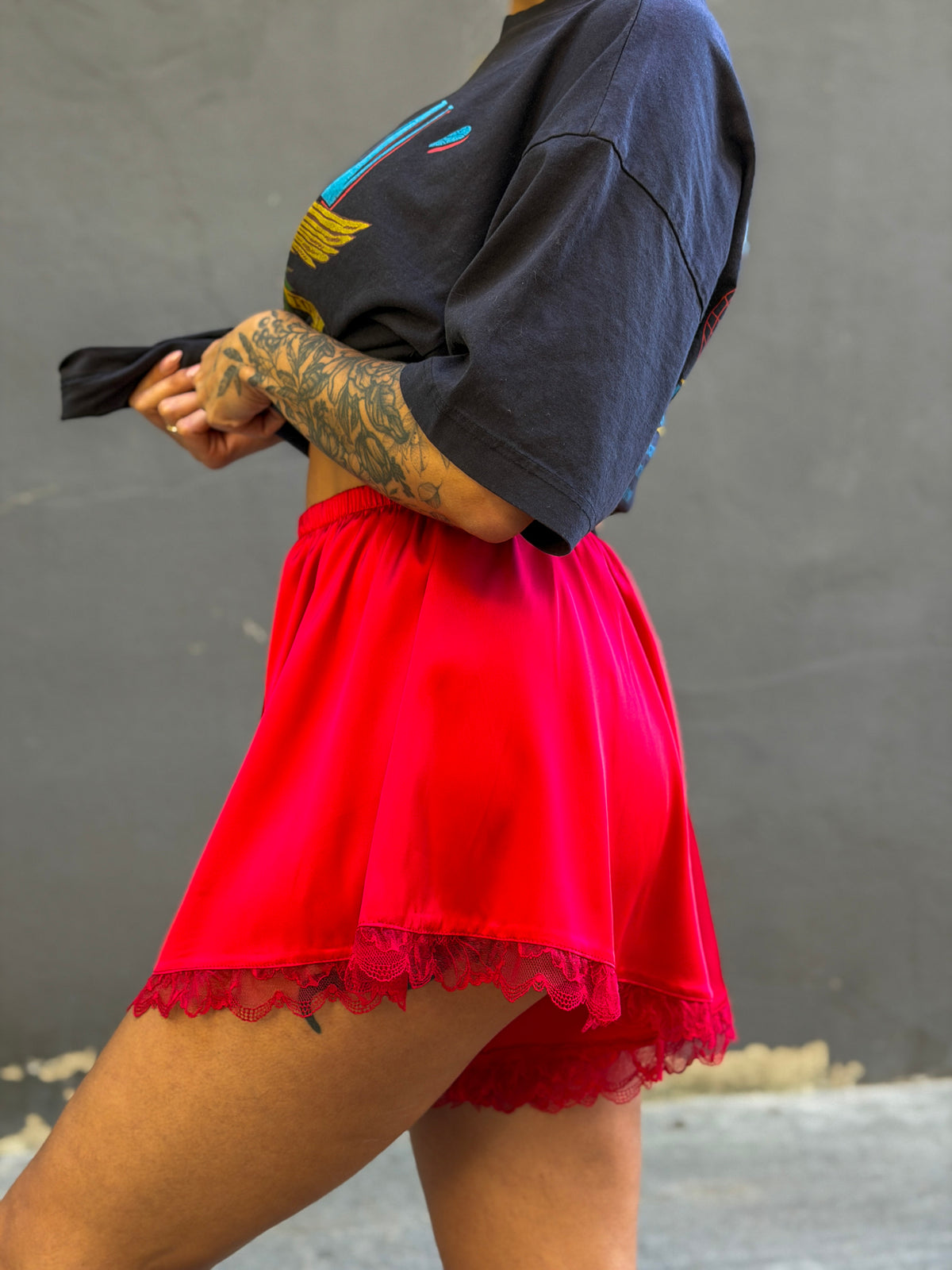 Red Satin Shorts with lace